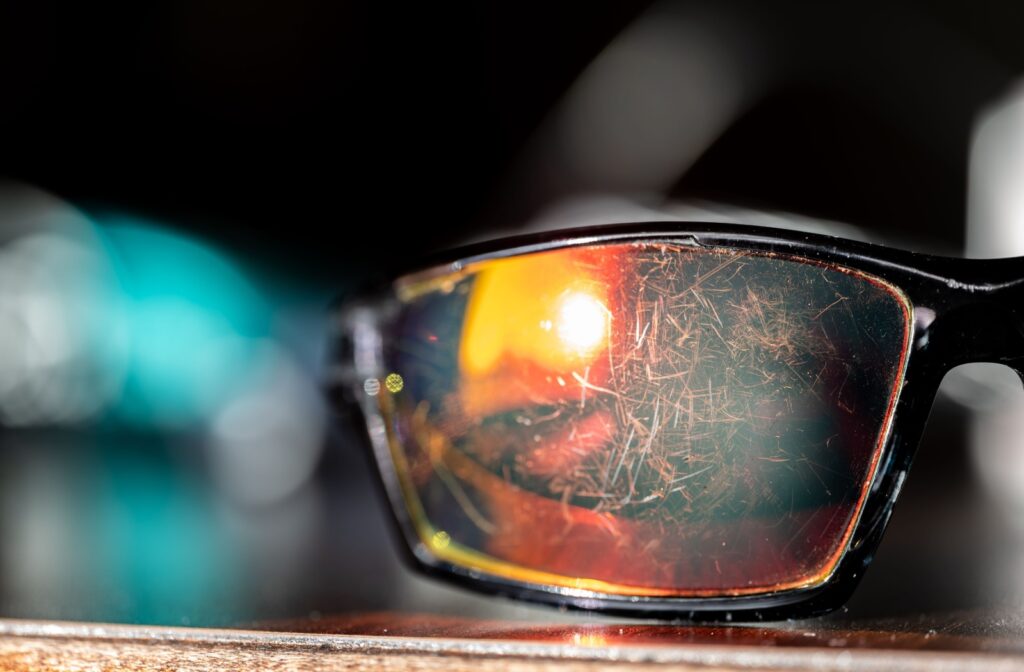 Close-up of a scratched polarized eyeglass lens, with warm lights in the lens and cool lights out of focus in the background