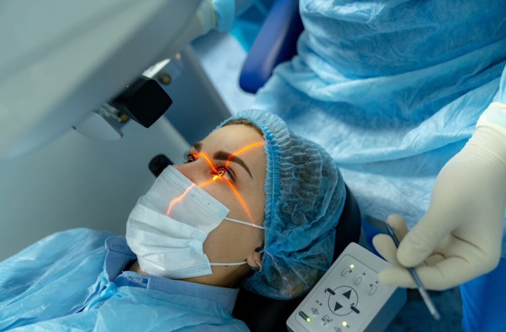 Patient undergoing eye laser treatment for cataracts.