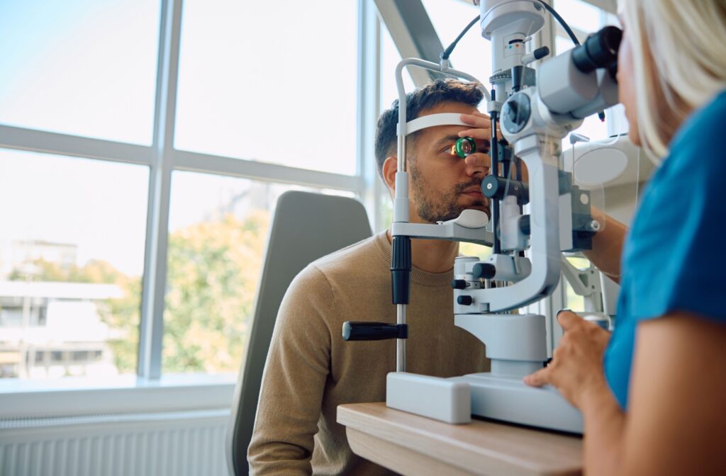 A person getting an eye test done for glaucoma during a routine eye exam