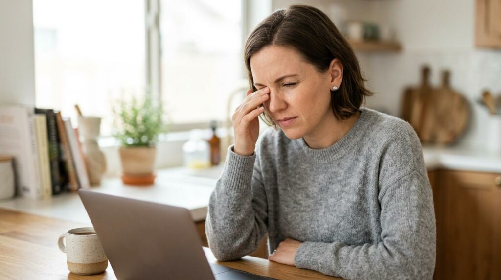 A person rubbing their twitching eye while using a computer