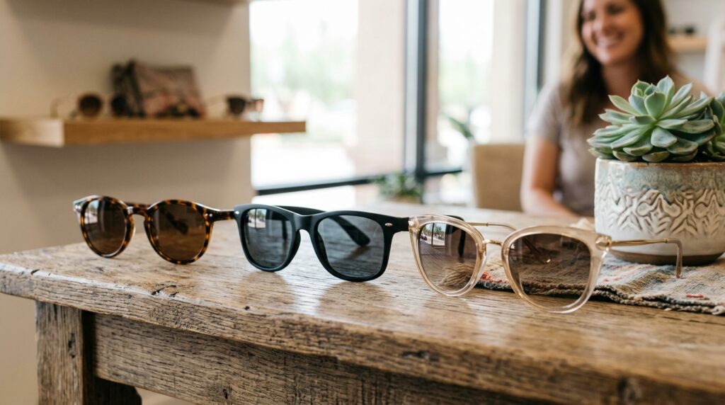 Three pairs of glasses sitting on a table
