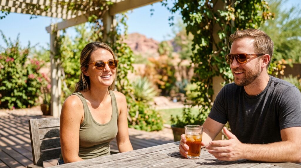 Two people sitting a table while wearing prescription sunglasses