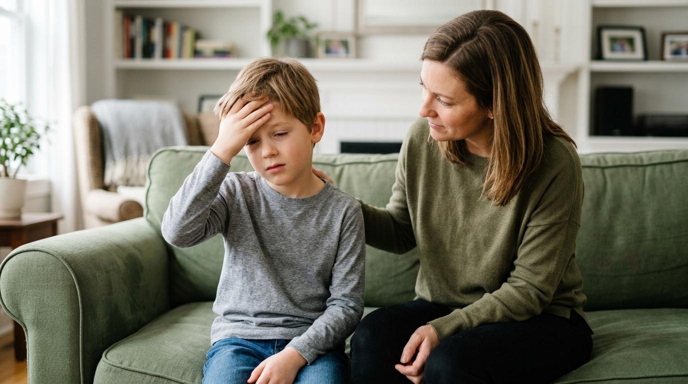 Child holding their head, experiencing a headache