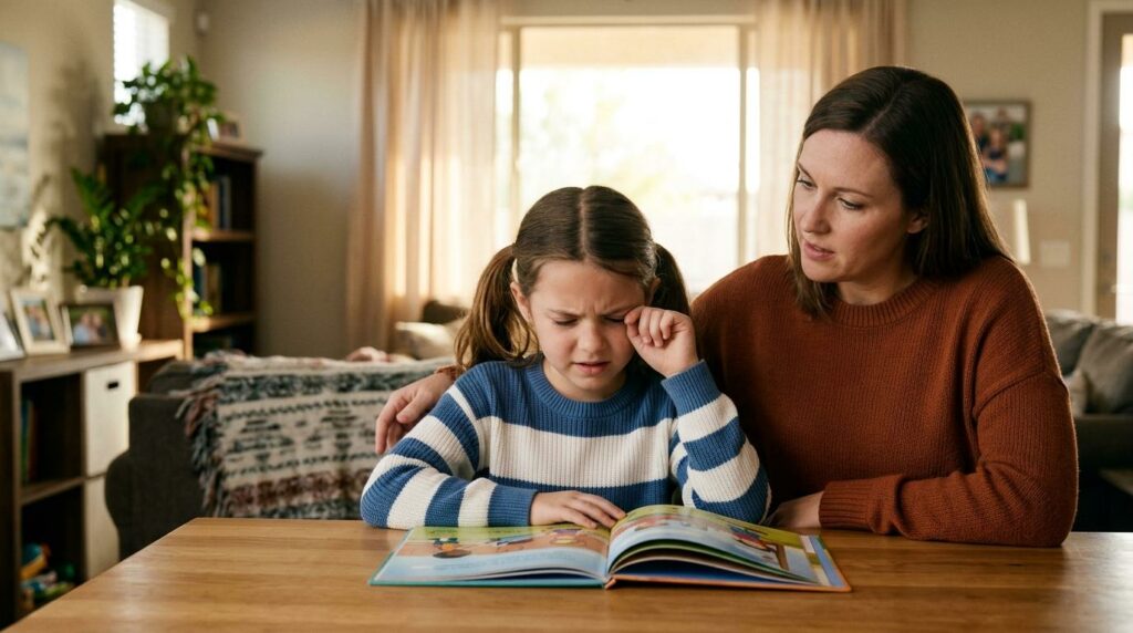 Child squinting at a book while their mother helps them.