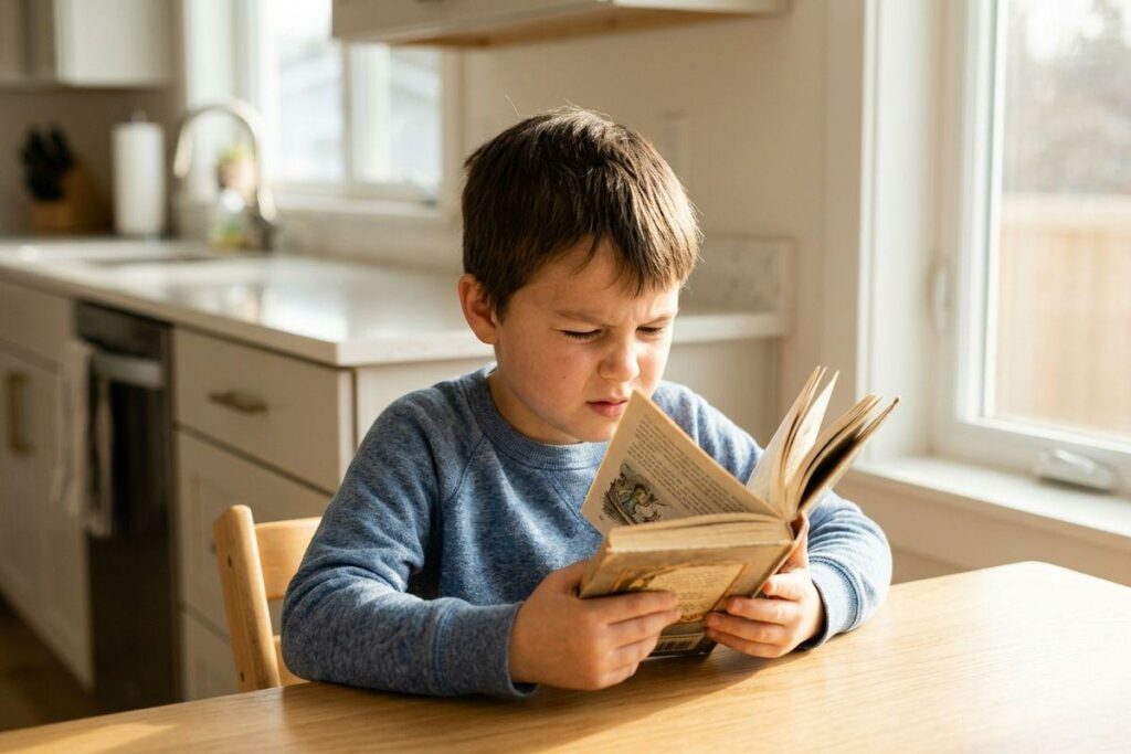 Child in a blue sweater reading a book with a focused, squinting expression at a wooden kitchen table.
