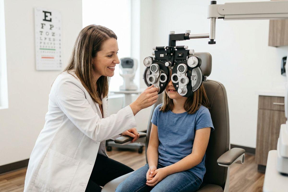 Optometrist smiling while adjusting a phoropter for a child during an eye exam, with an eye chart on the wall.