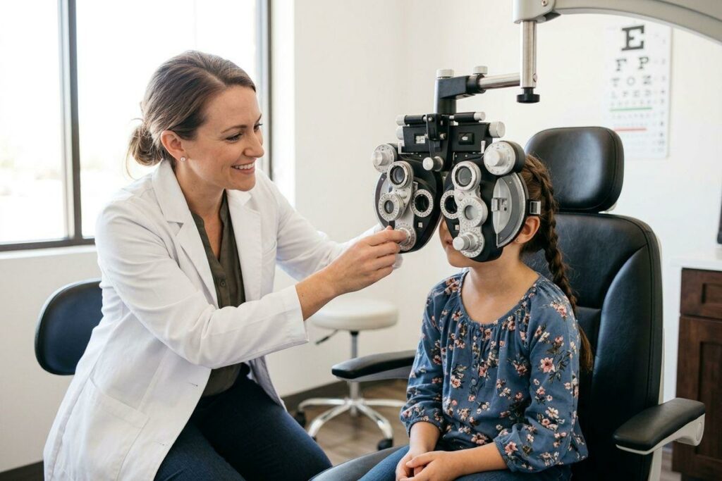 Optometrist, smiling, adjusts a phoropter for a child during an eye exam, with an eye chart on the wall.