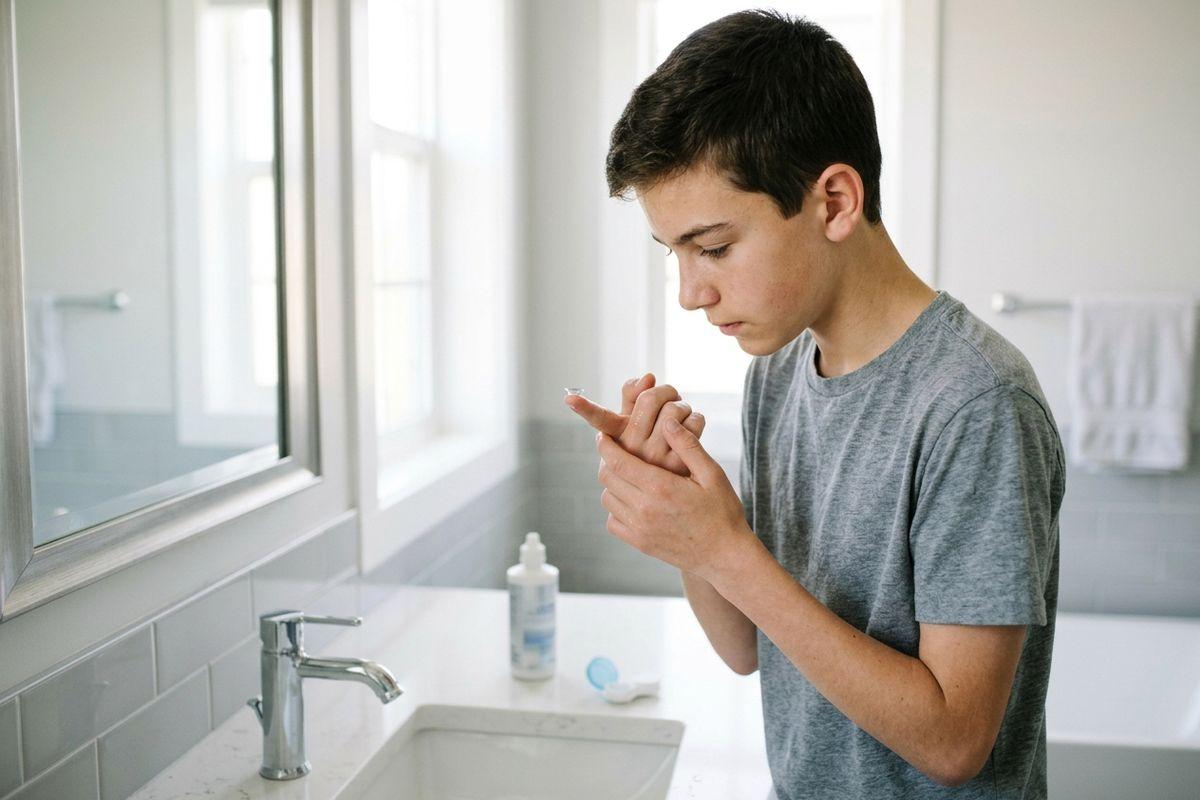 Teen holding a contact lens on a fingertip at a bathroom sink, with solution bottle and case nearby.