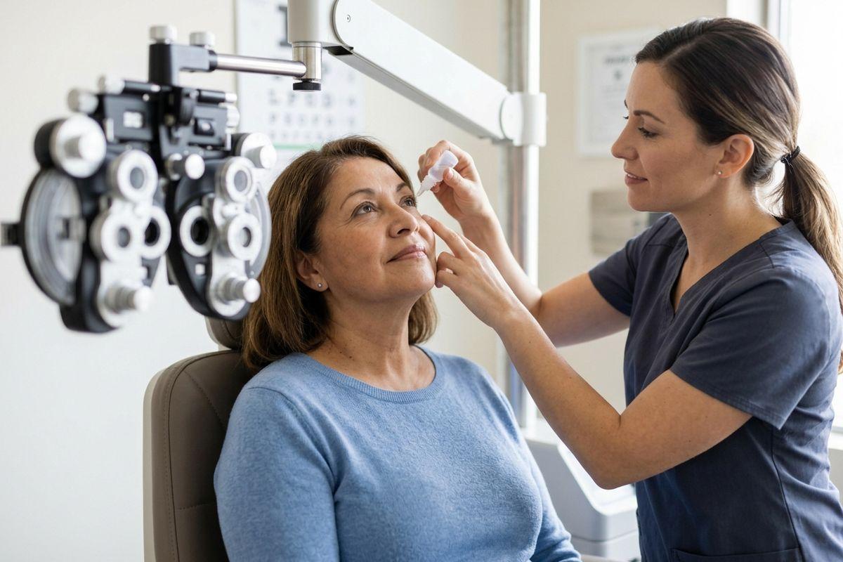 Optometrist applying eye drops to a seated patient in an exam room, phoropter beside them.