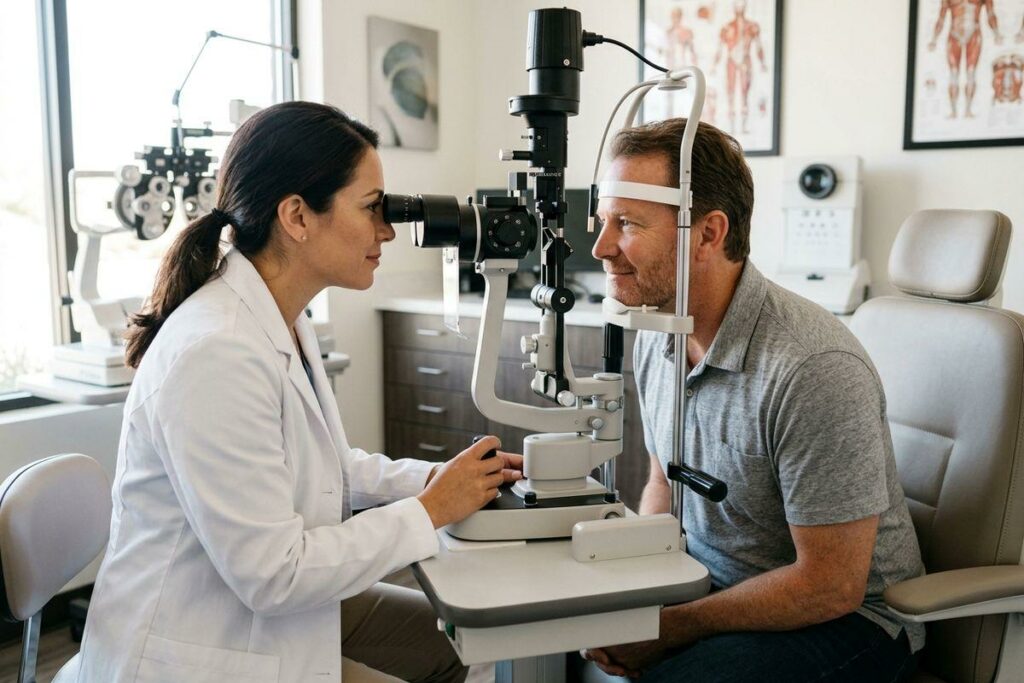Optometrist examining a patient's eyes using a slit lamp in an exam room.