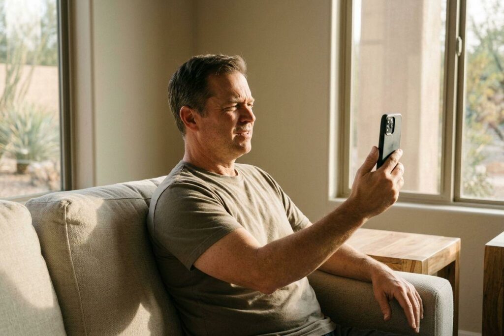 Adult on a couch in a sunlit living room squints at a smartphone held at arm's length, with windows behind them.